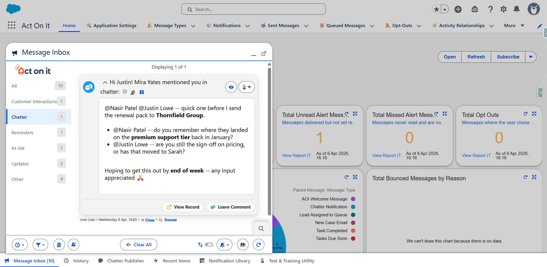 Chatter mention notification in Act On It inbox